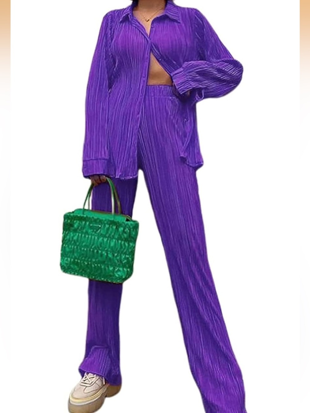 Purple Women's Pleated Two-Piece Pants Set